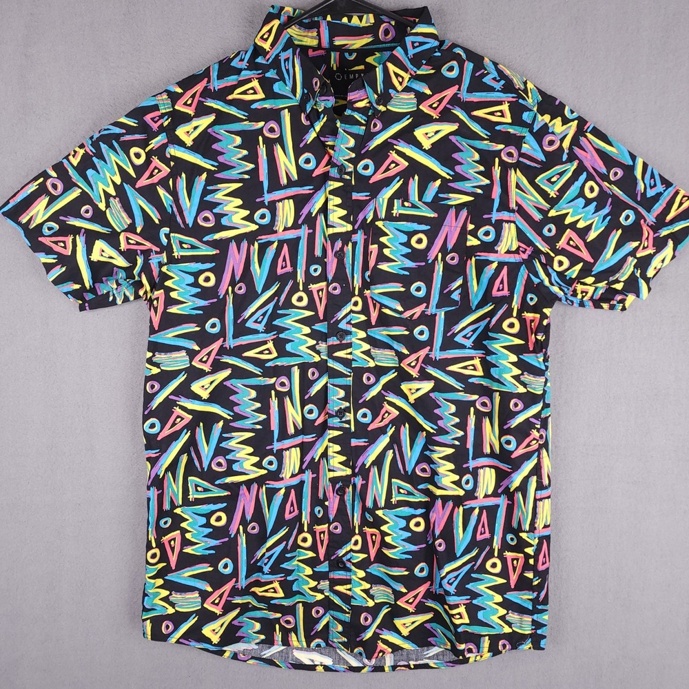 Empyre Button Down Shirt Mens Medium Black Neon 80s 90s Geometric Abstract Skate